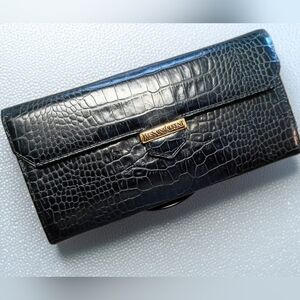 Vintage Yves Saint Laurent Croc Embossed Convertible Wallet Clutch w/ Gold Chain